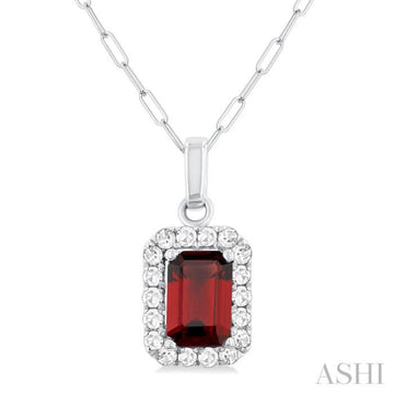 6x4 MM Octagonal Shape Garnet and 1/6 Ctw Round Cut Diamond Halo Semi-Precious Pendant with Chain in 14K White Gold